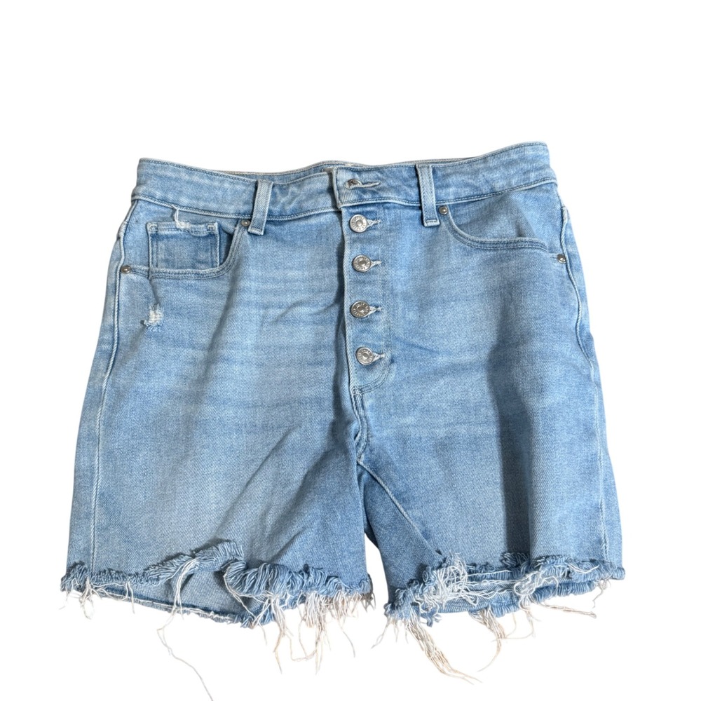 PAIGE Sarah Longline Short Denim Cutoff 27 Light Blue Like New Button Fly Frayed